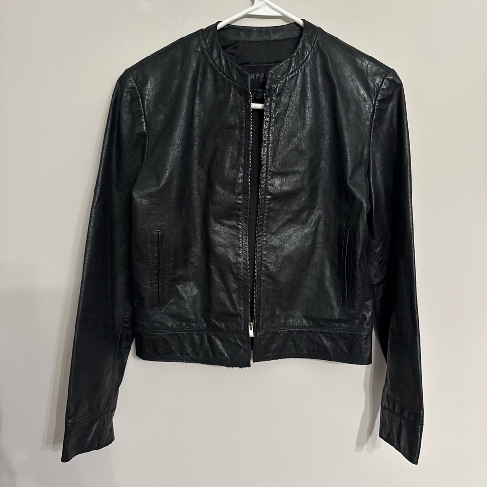 Vintage 90s Express Womens size 2 Distressed Leather Zip Jacket Black Goth